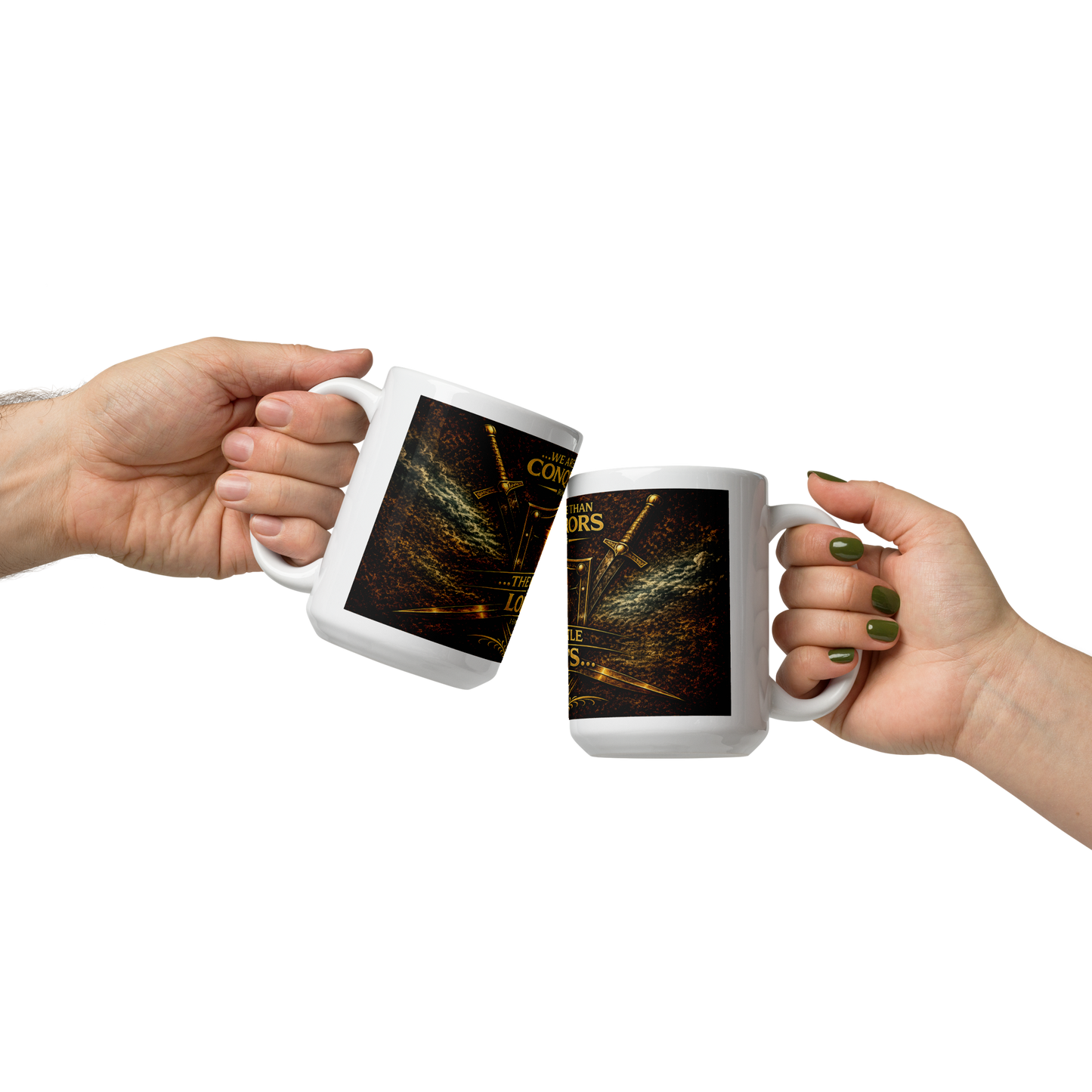 Christian holding 15oz The Battle Is The Lords coffee cup