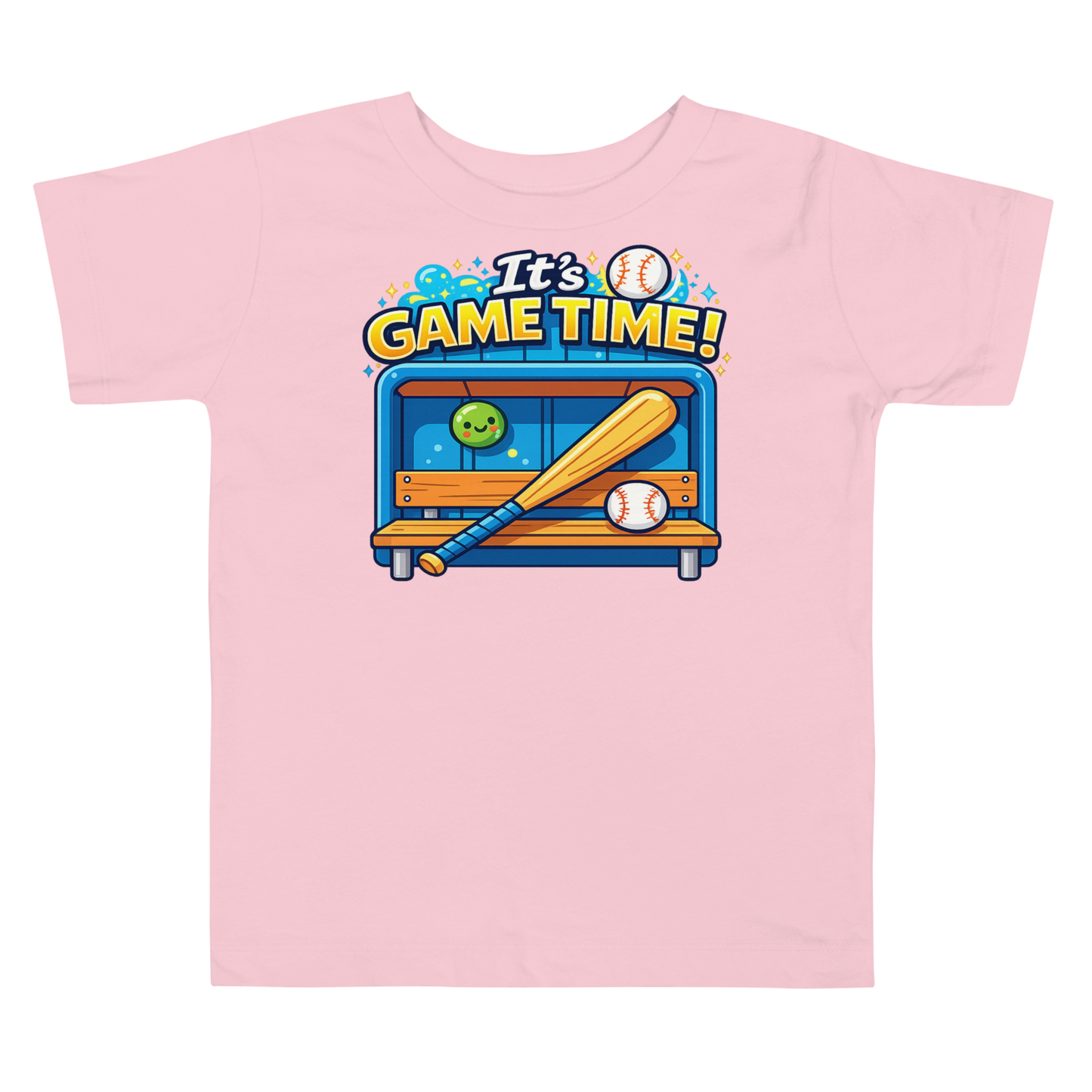 Active toddler wearing It's Game Time baseball shirt