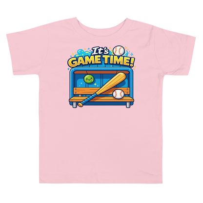 Active toddler wearing It's Game Time baseball shirt