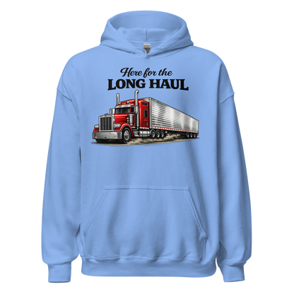 Front view of Here for the Long Haul trucker hoodie