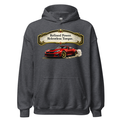 Gearhead wearing comfortable Relentless Torque car hoodie