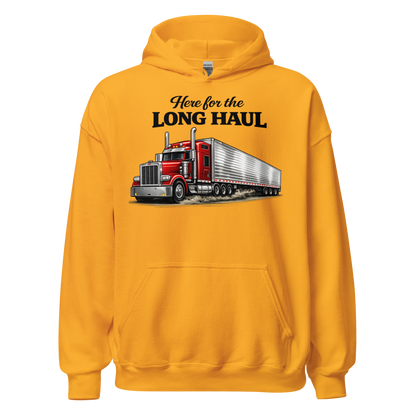 Folded view of durable Here for the Long Haul hoodie