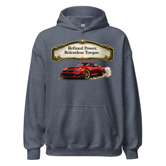 Front view of Refined Power Relentless Torque muscle car hoodie