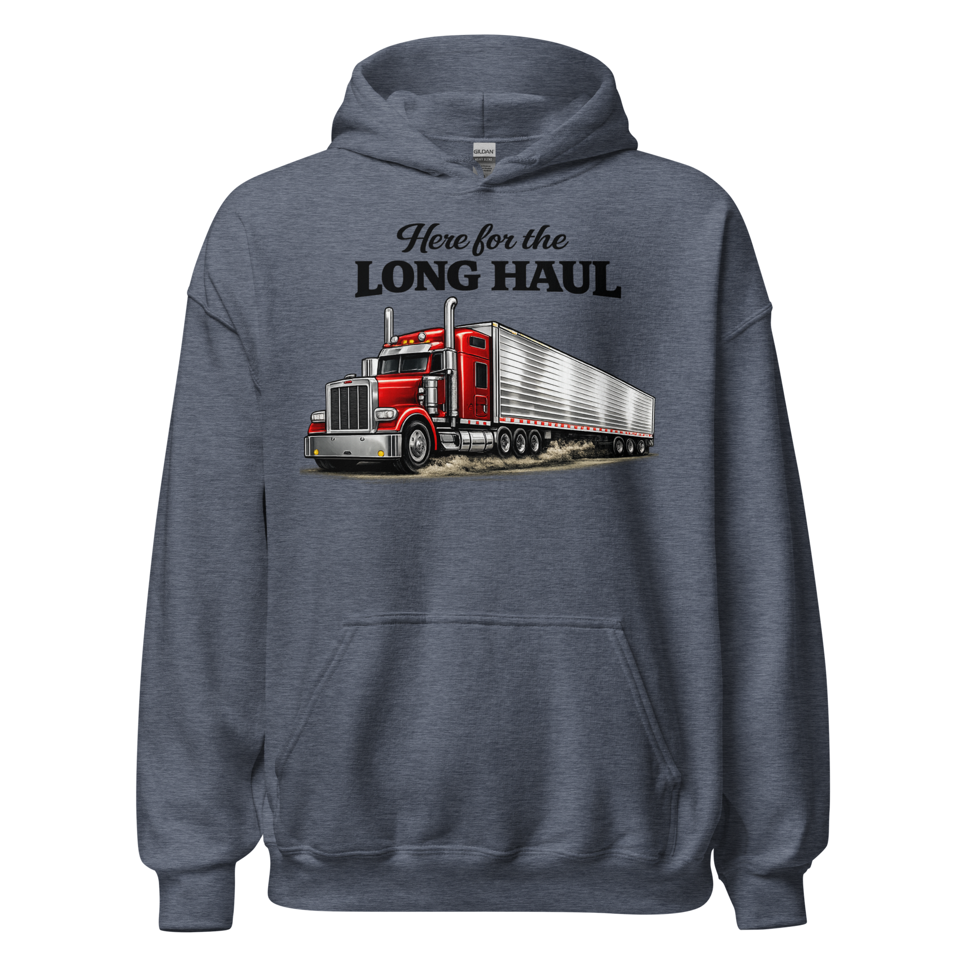 Front view of Here for the Long Haul trucker hoodie