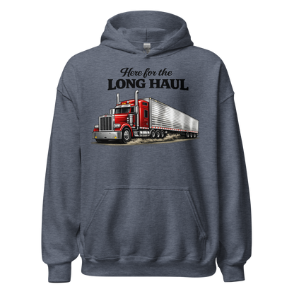 Front view of Here for the Long Haul trucker hoodie