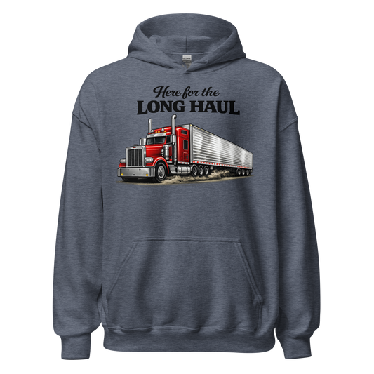 Front view of Here for the Long Haul trucker hoodie