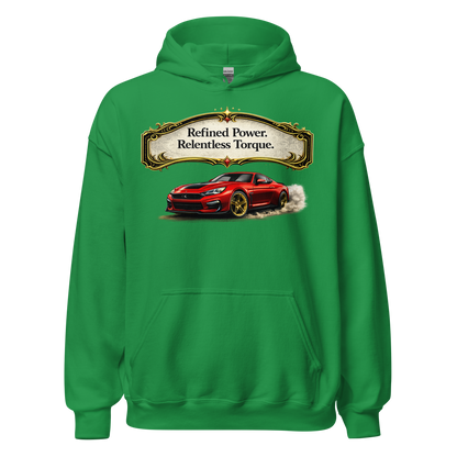 Folded view of durable Refined Power retro car enthusiast hoodie