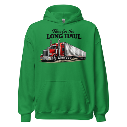 Folded view of durable Here for the Long Haul hoodie