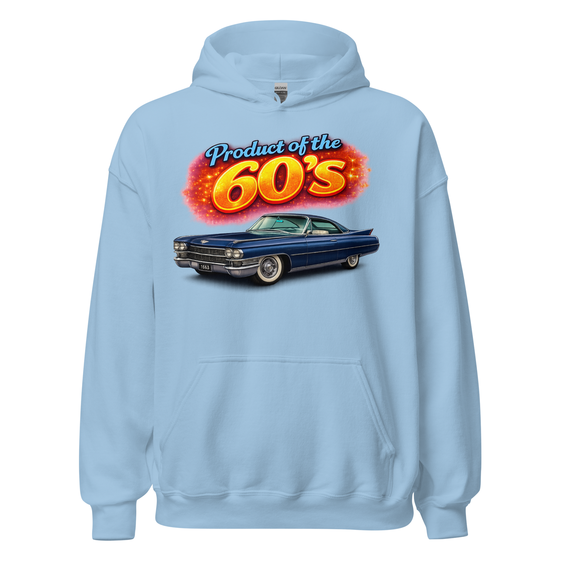 Classic muscle car enthusiast wearing Product of the 60s hoodie
