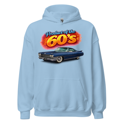 Classic muscle car enthusiast wearing Product of the 60s hoodie