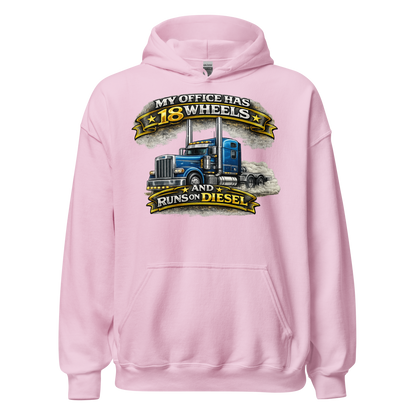 Front view of My Office Has 18 Wheels trucker hoodie