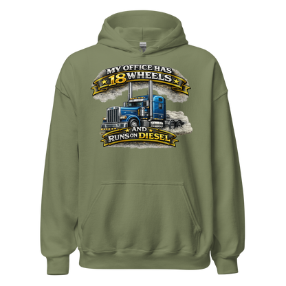 Front view of My Office Has 18 Wheels trucker hoodie