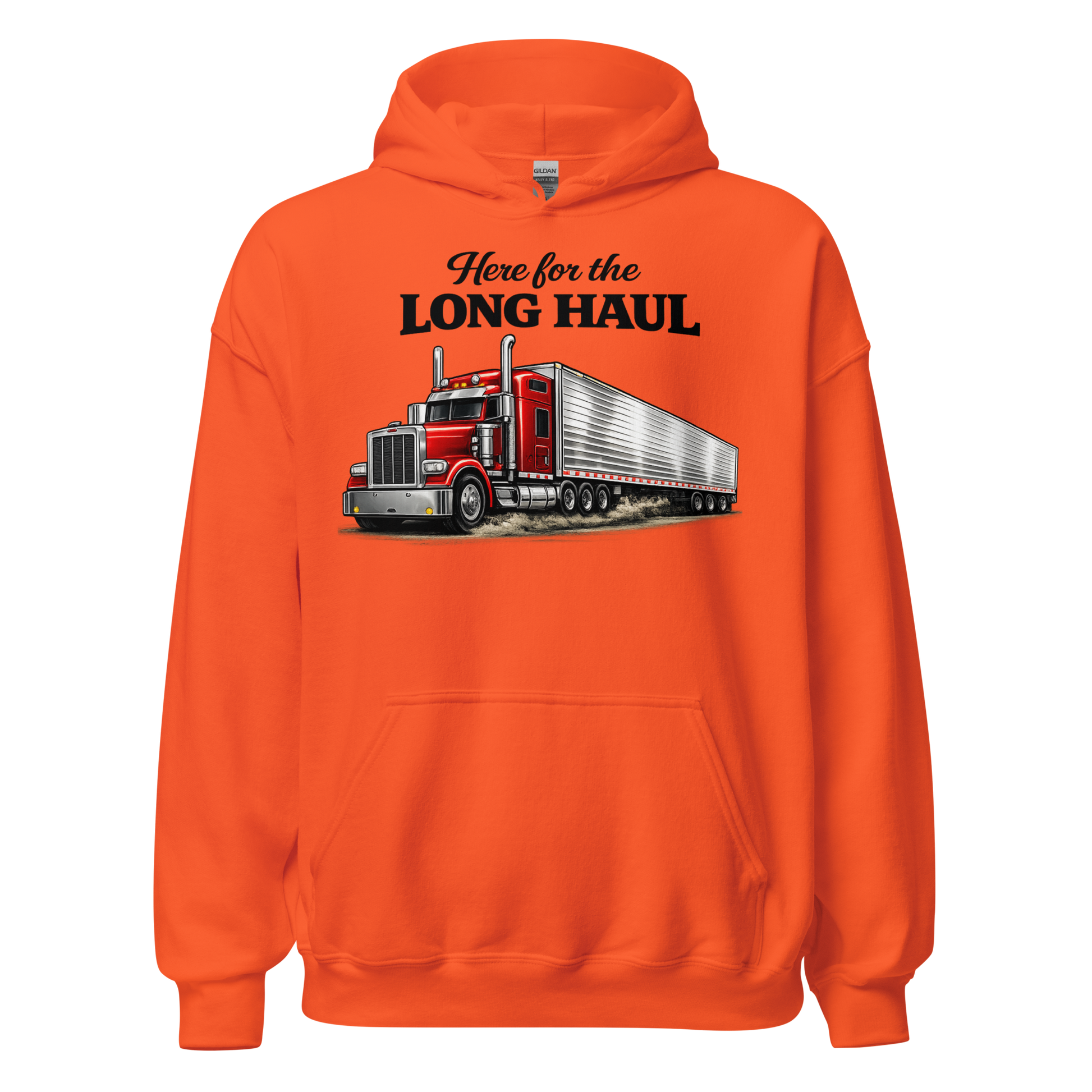 Front view of Here for the Long Haul trucker hoodie