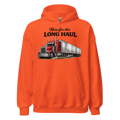 Front view of Here for the Long Haul trucker hoodie