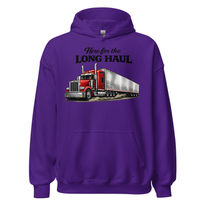 Front view of Here for the Long Haul trucker hoodie