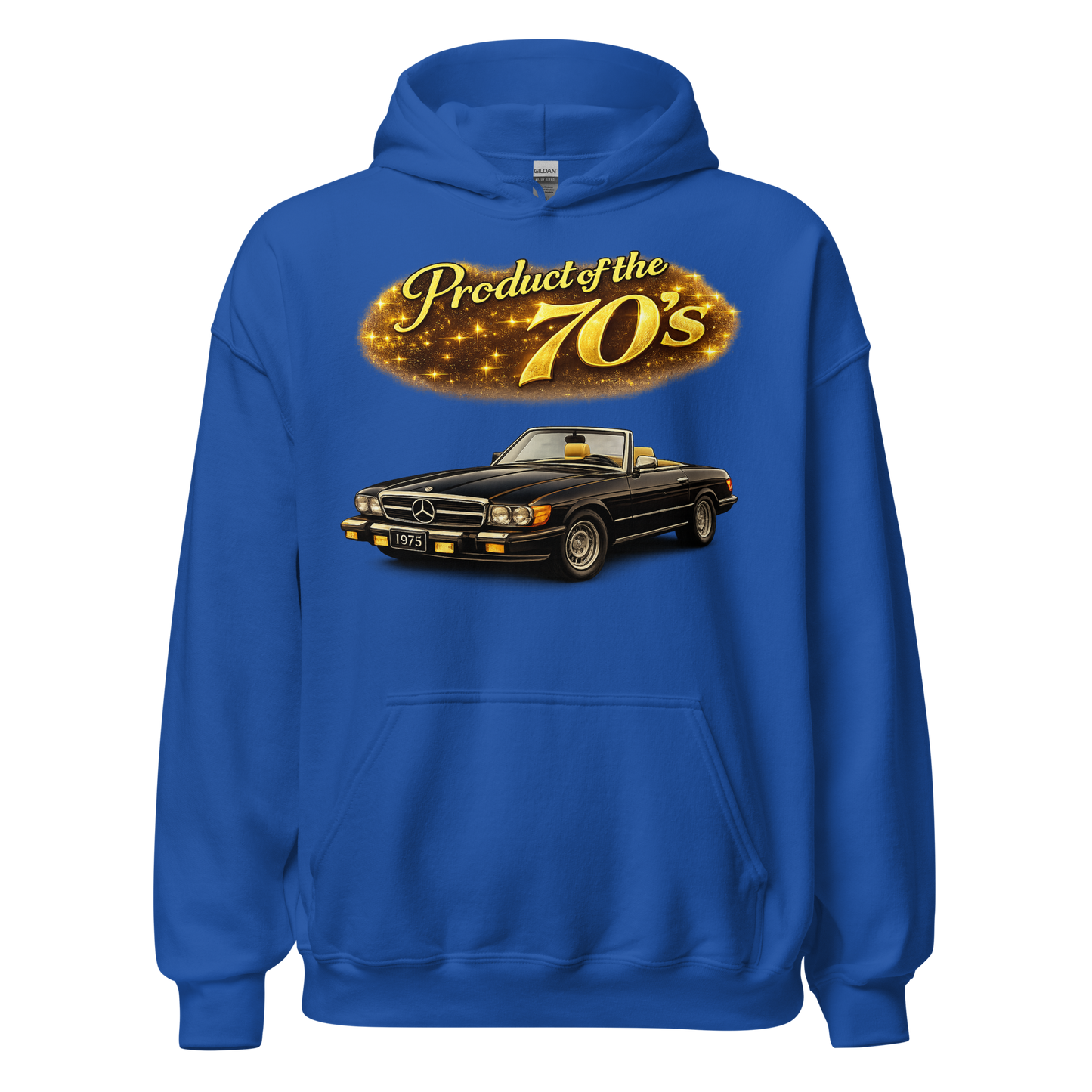 Classic muscle car enthusiast wearing Product of the 70s hoodie