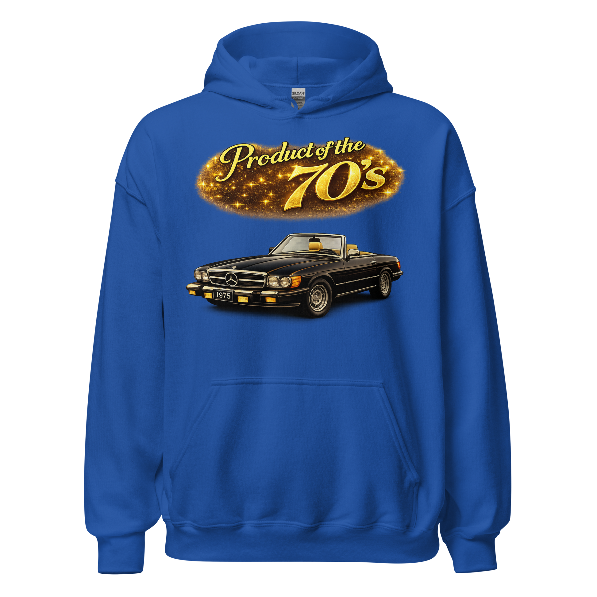Classic muscle car enthusiast wearing Product of the 70s hoodie