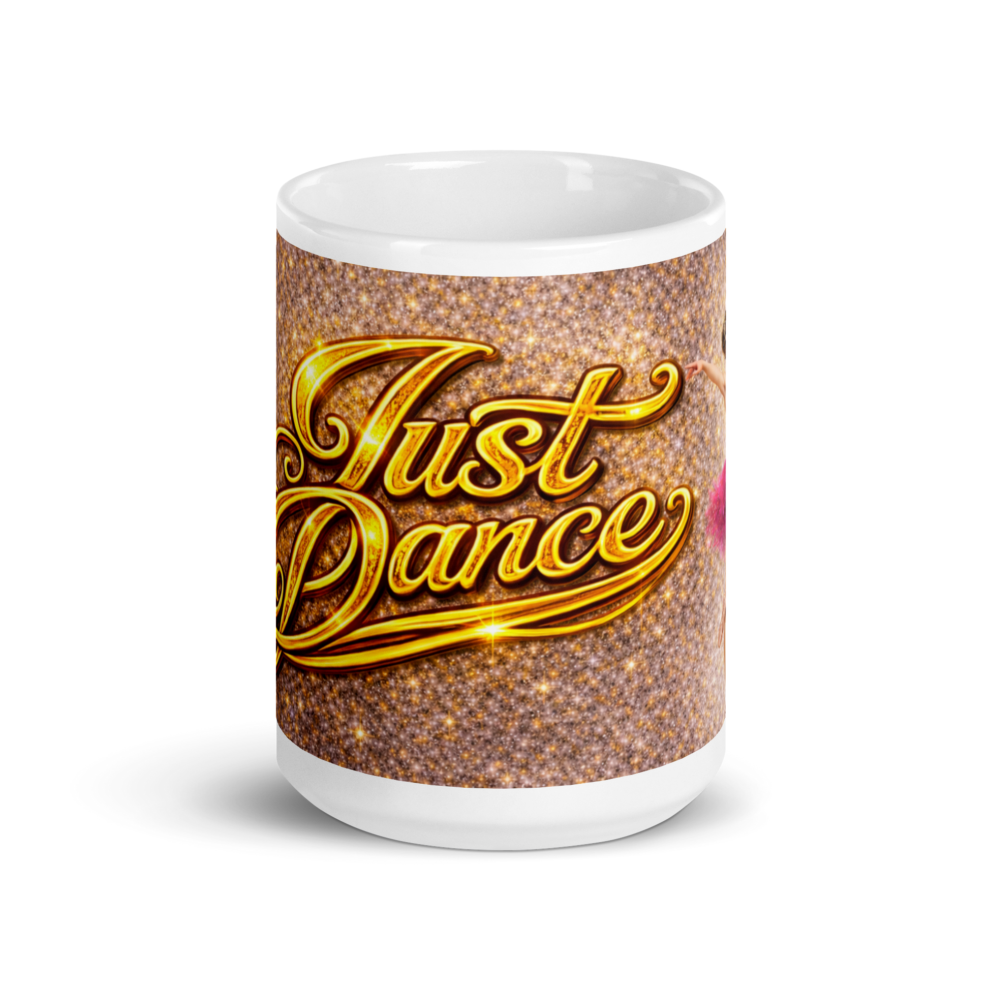 Front view of luxury gold Just Dance ceramic mug