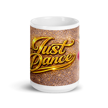 Front view of luxury gold Just Dance ceramic mug
