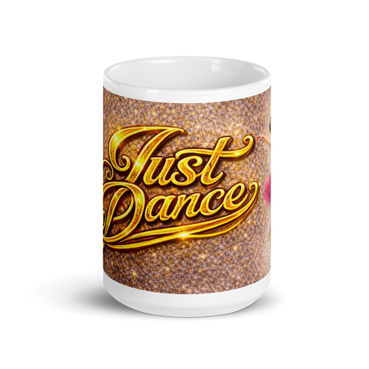 Front view of luxury gold Just Dance ceramic mug