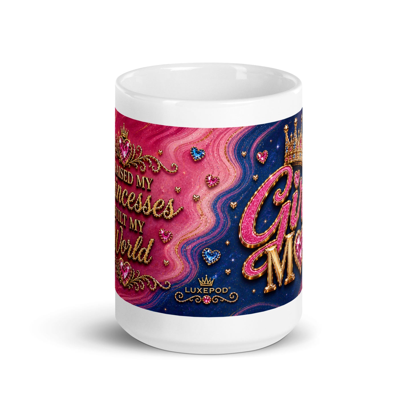 Close up of sparkly feminine details on Girl Mom mug