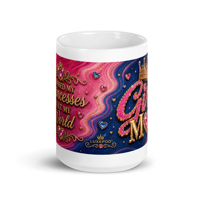 Close up of sparkly feminine details on Girl Mom mug