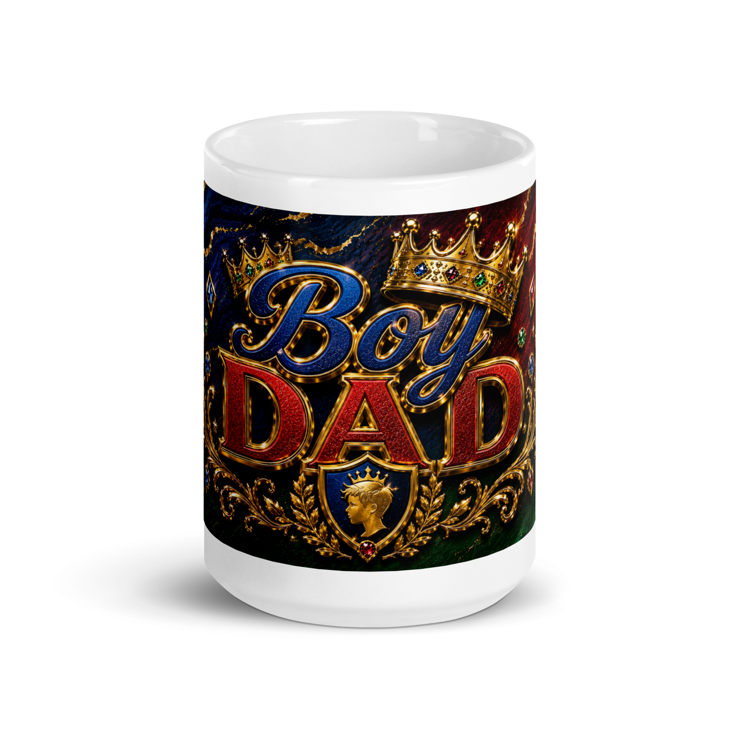 Front view of Boy Dad crown king shield ceramic mug