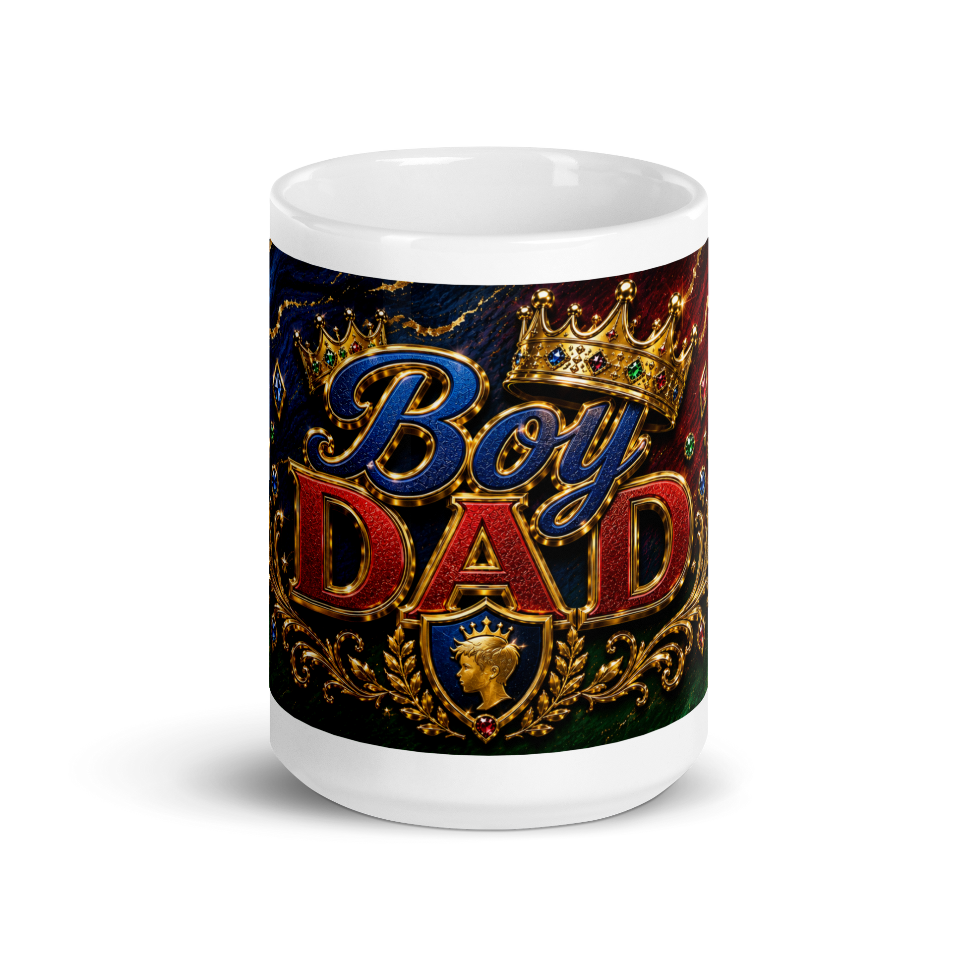 Front view of Boy Dad crown king shield ceramic mug