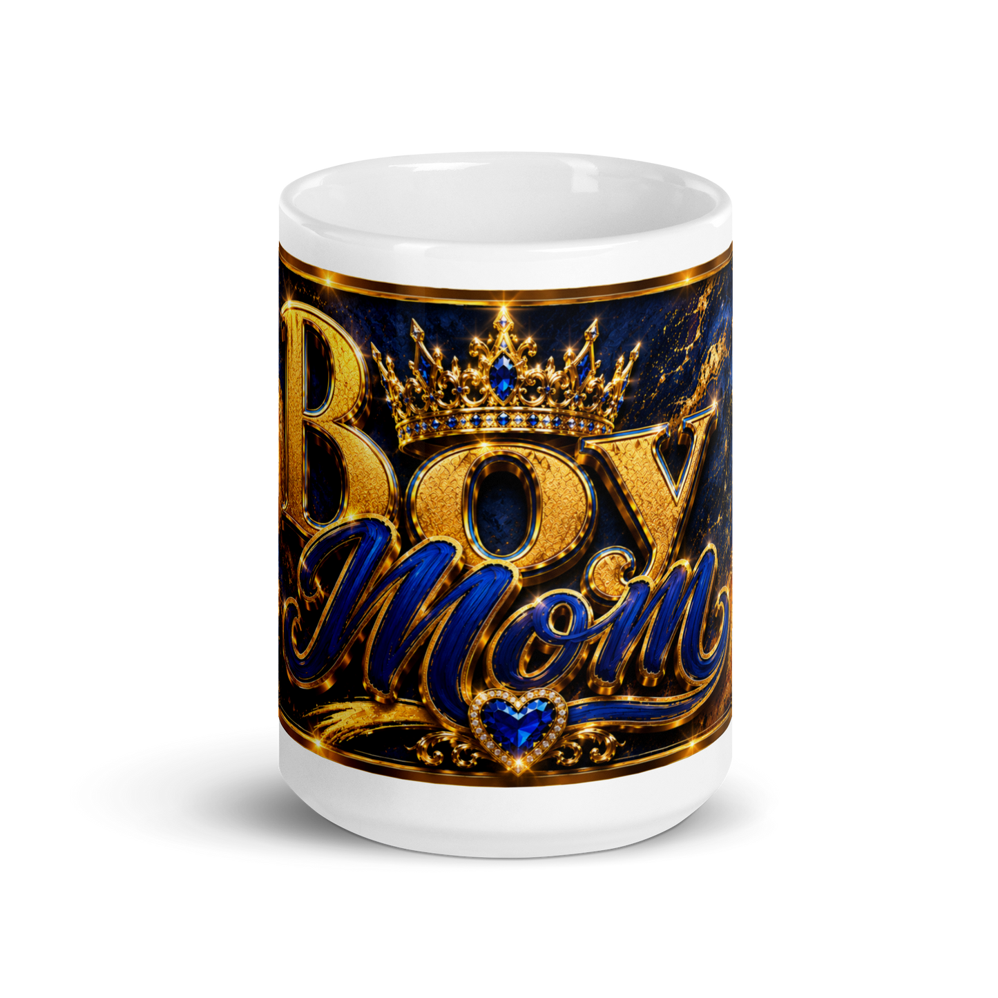 Front view of Boy Mom luxury gold and blue ceramic mug