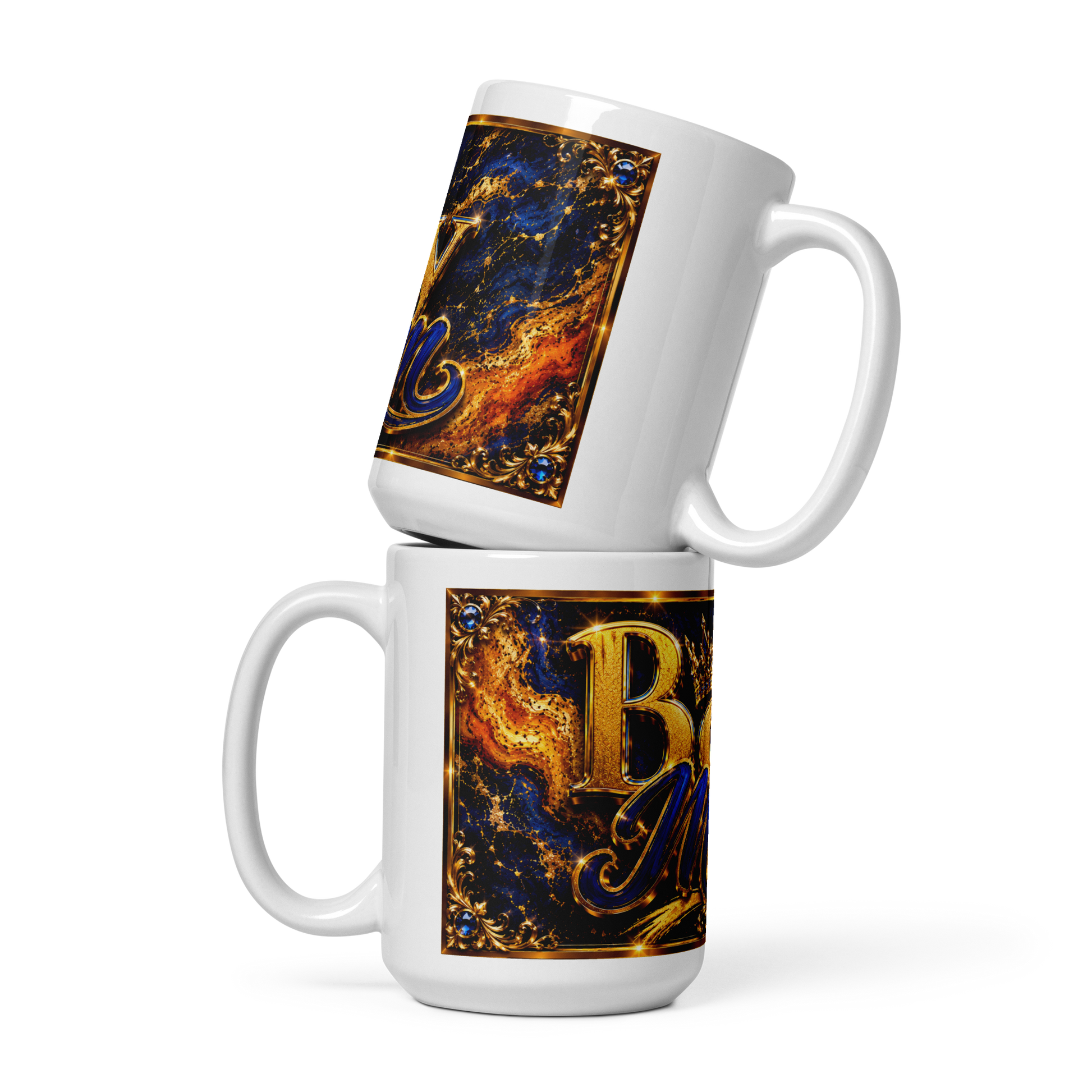 Glamorous Boy Mom coffee cup with sparkling crown artwork