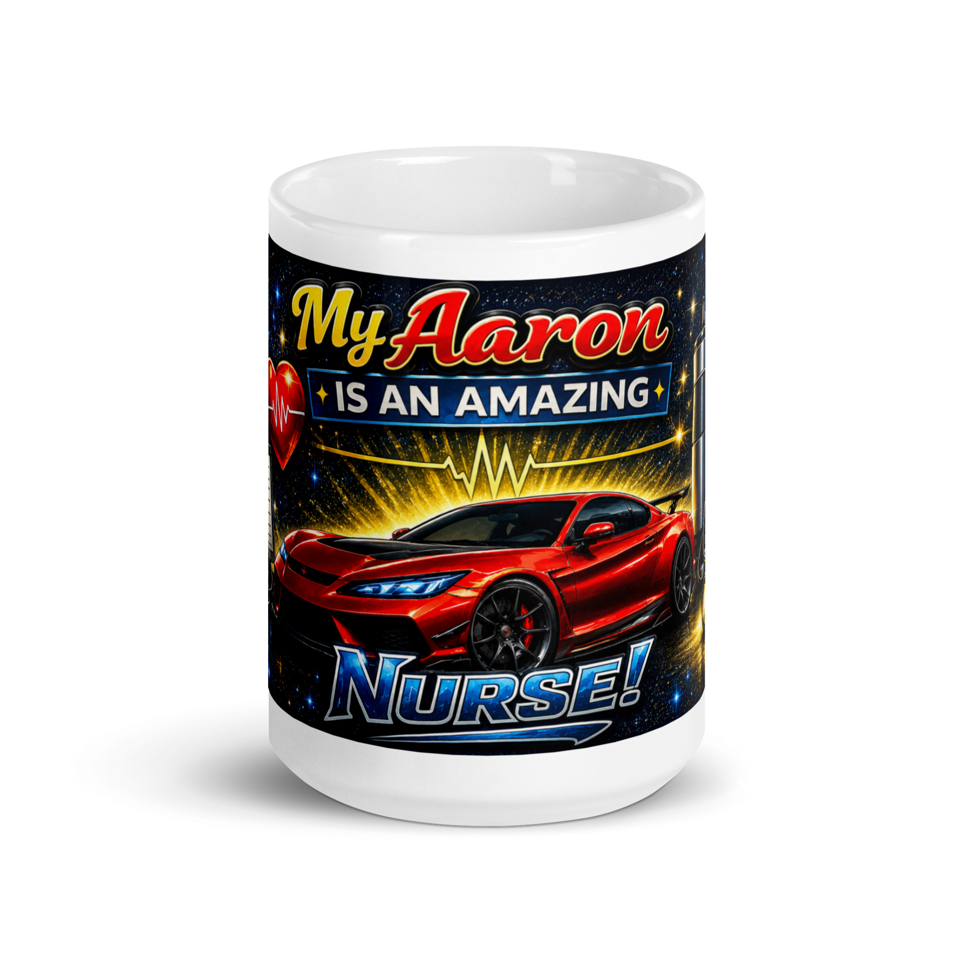 Front view of My Aaron Is an Amazing Nurse ceramic mug