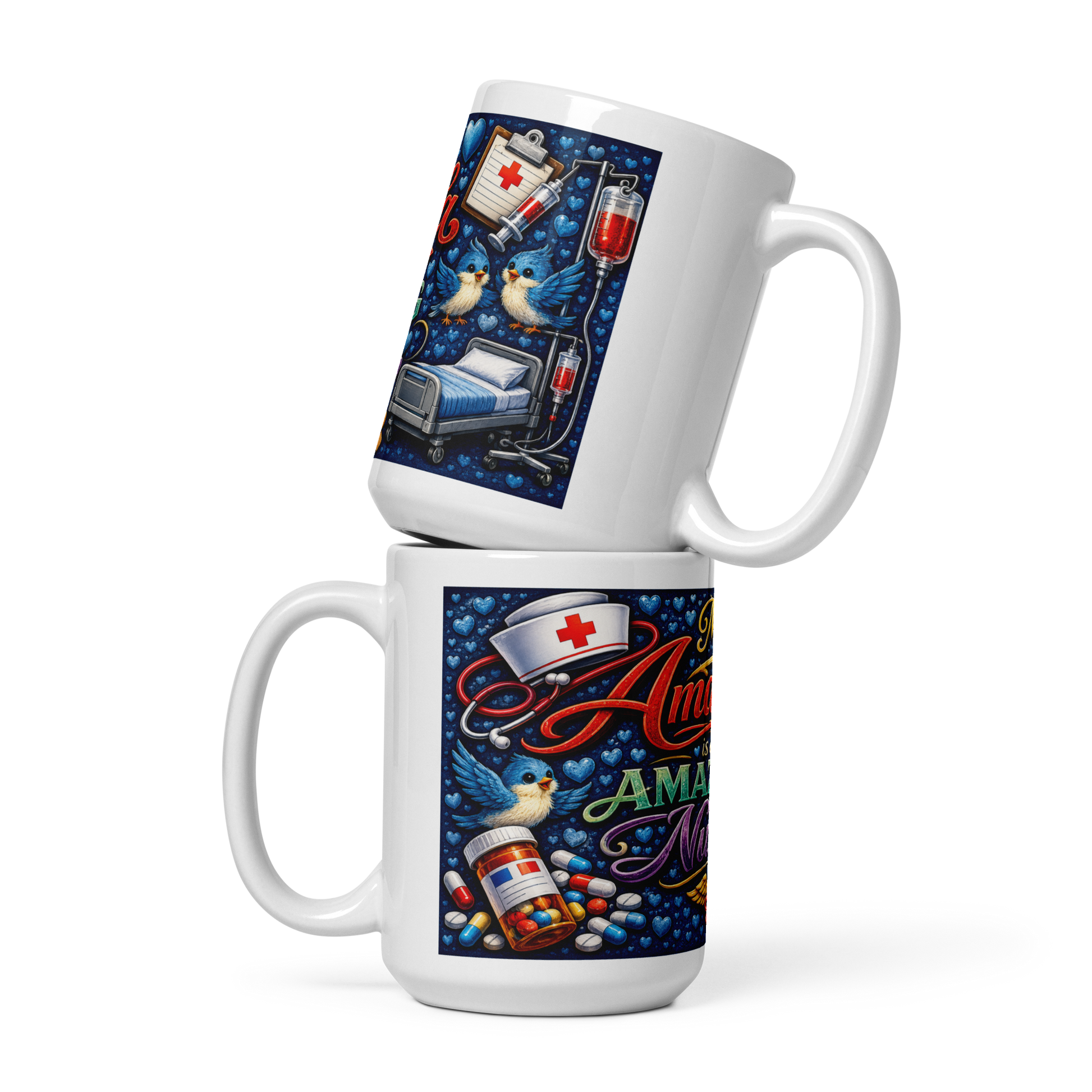 Close up of vibrant medical themed graphics on Amanda mug
