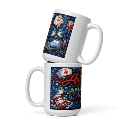 Close up of vibrant medical themed graphics on Amanda mug