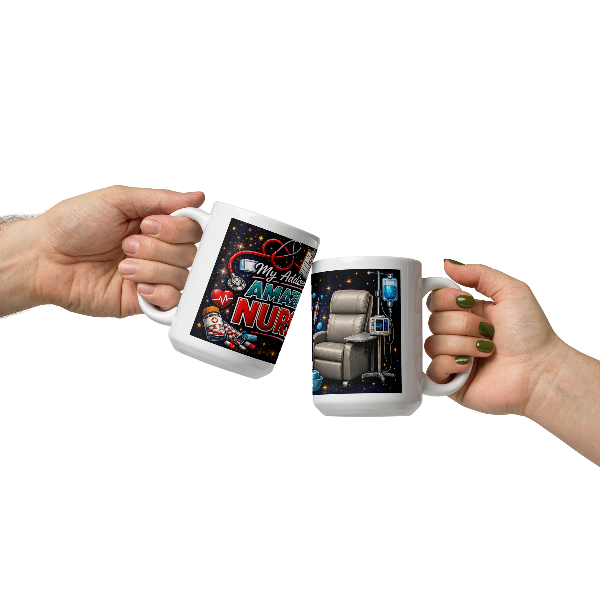 Close up of vibrant healthcare themed details on Addison mug