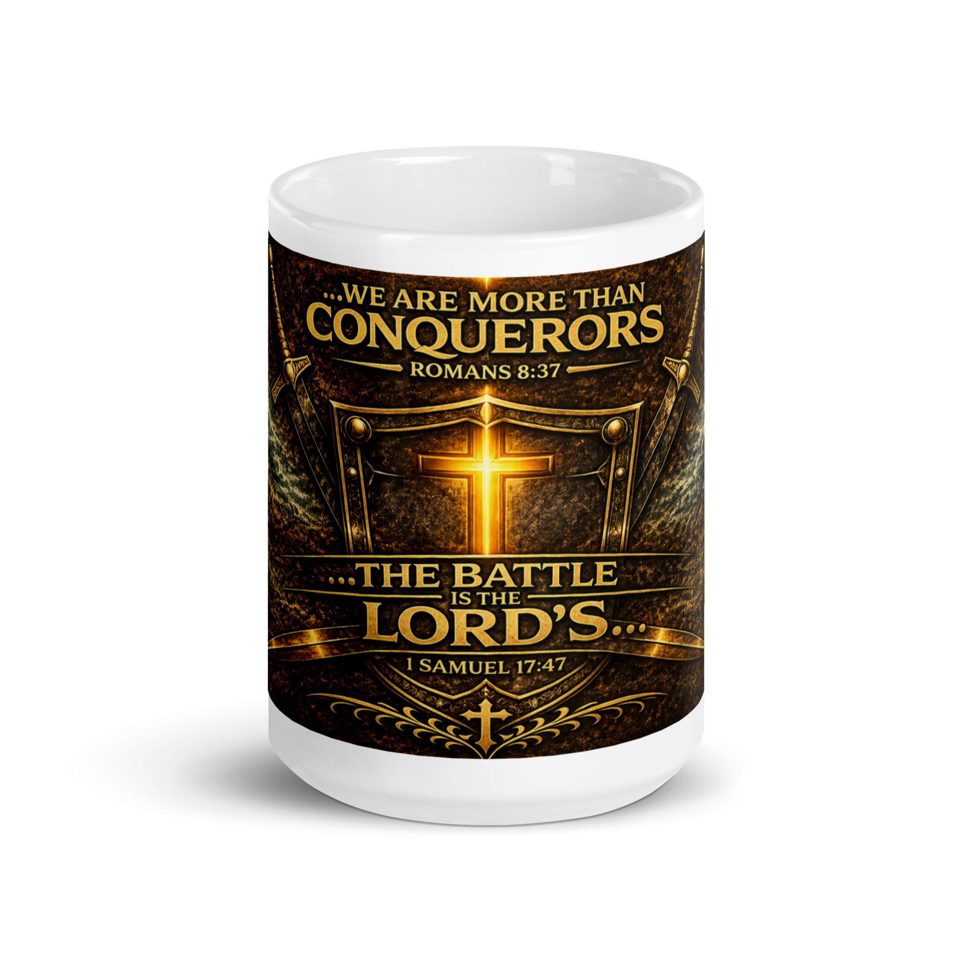 Front view of We Are More Than Conquerors Christian ceramic mug