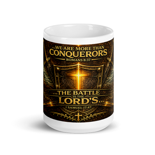 Front view of We Are More Than Conquerors Christian ceramic mug
