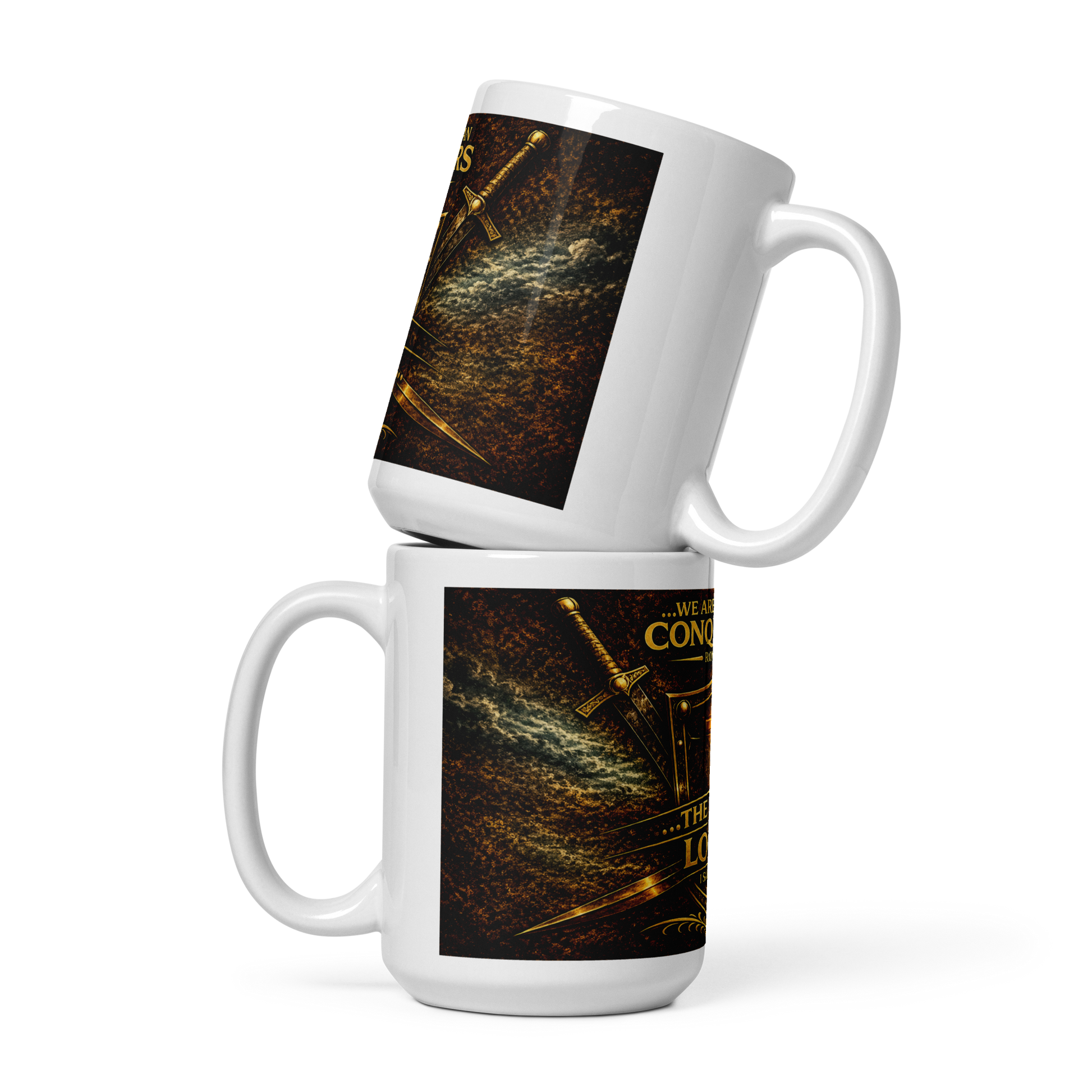 Inspirational Bible verse coffee cup with radiant cross design