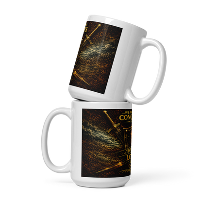 Inspirational Bible verse coffee cup with radiant cross design