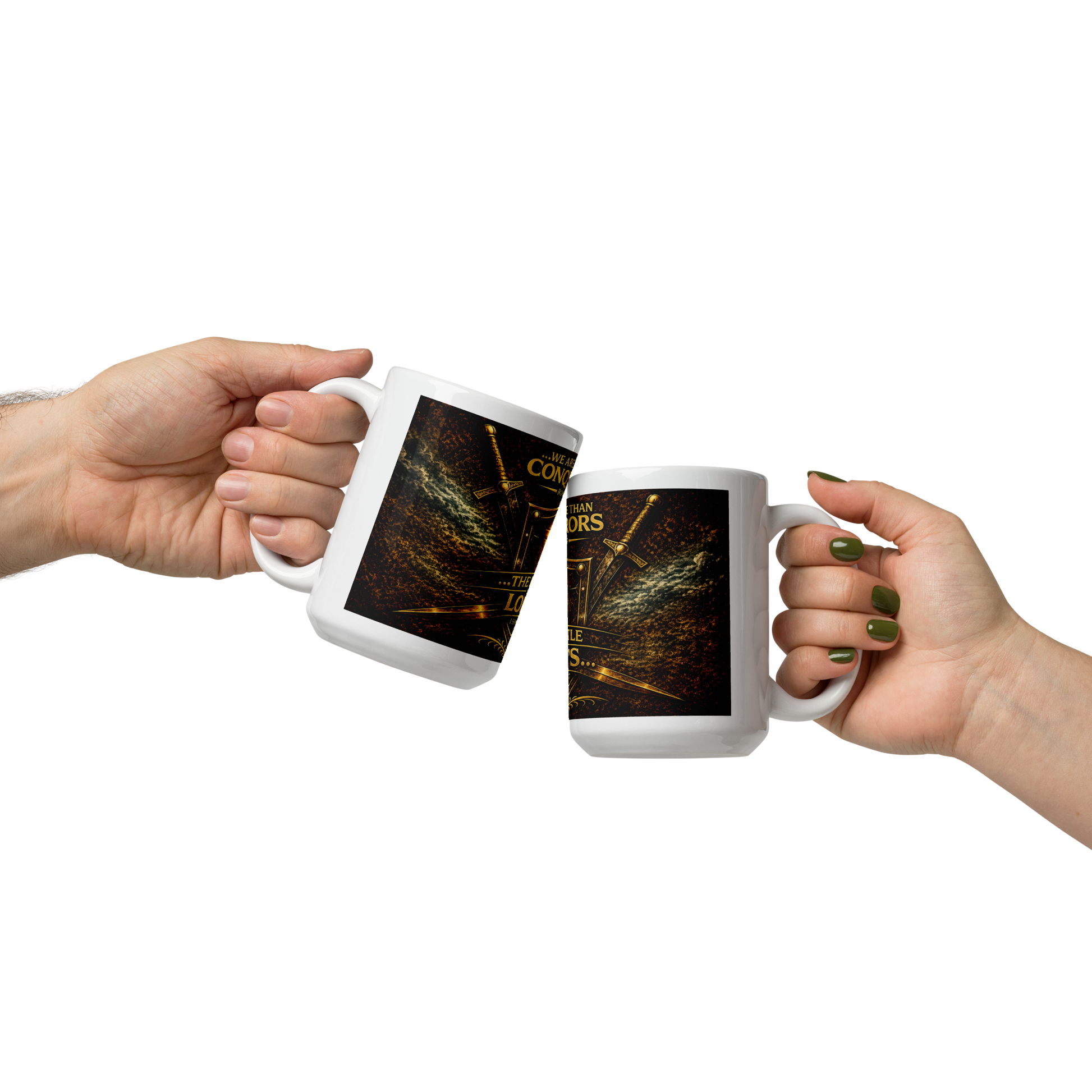 Christian holding 15oz The Battle Is The Lords coffee cup