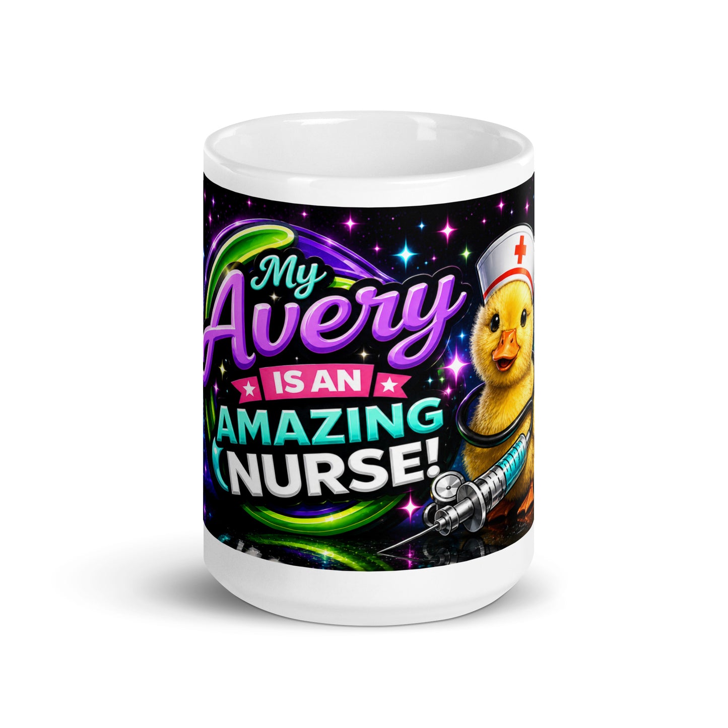 Front view of My Avery Is an Amazing Nurse ceramic mug