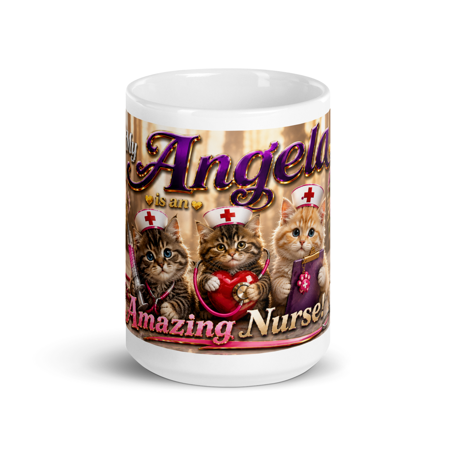Front view of My Angela Is an Amazing Nurse cat ceramic mug