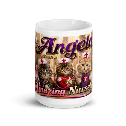 Front view of My Angela Is an Amazing Nurse cat ceramic mug