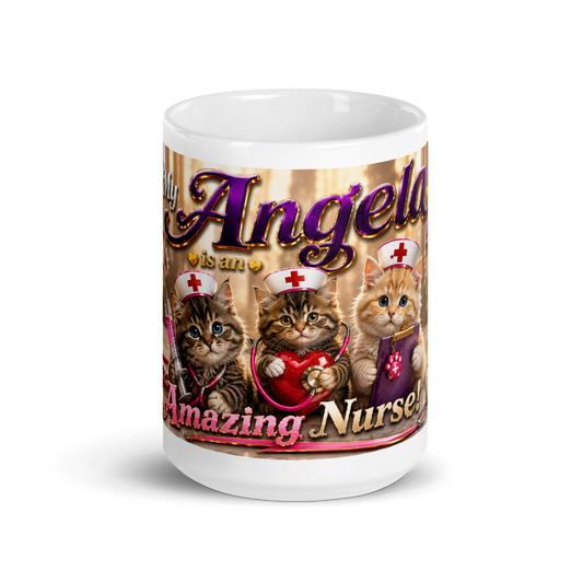 Front view of My Angela Is an Amazing Nurse cat ceramic mug