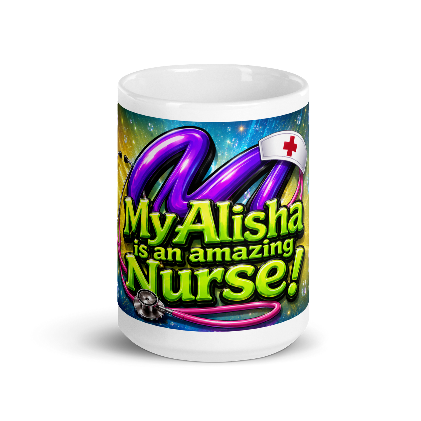 Front view of My Alisha Is an Amazing Nurse ceramic mug