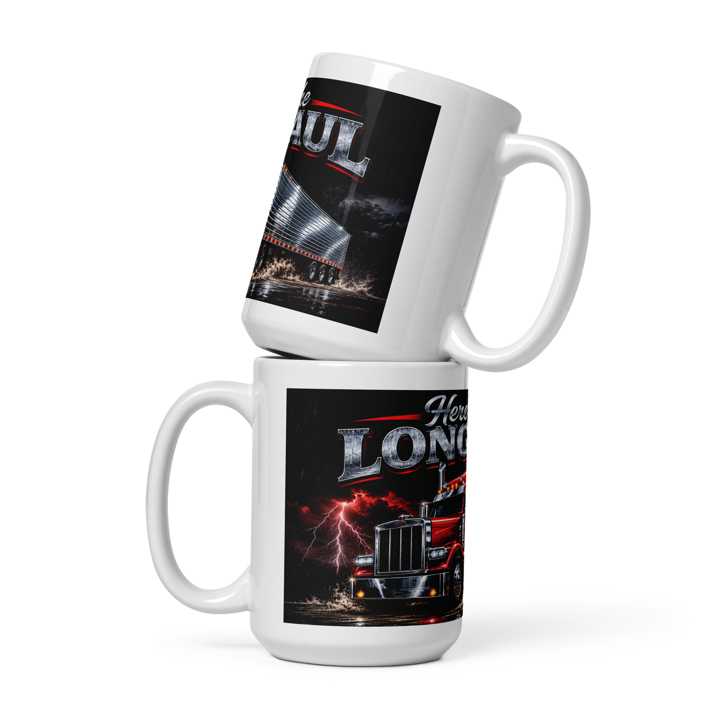 Bold semi truck graphic design on a 15oz coffee cup