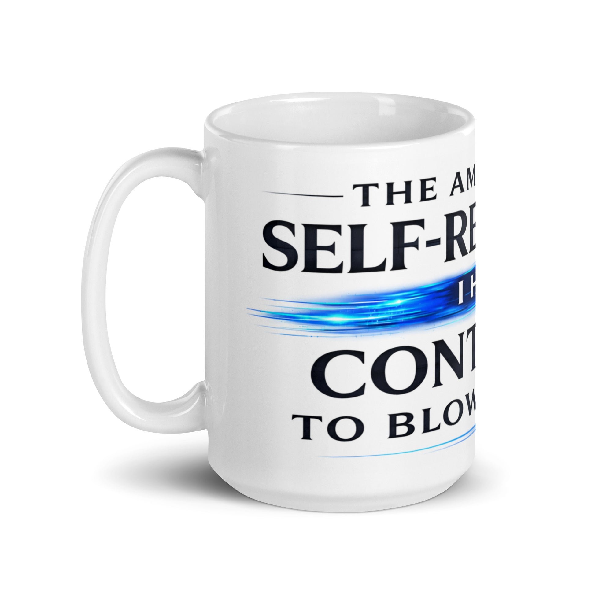 Close up of humorous self-restraint quote on ceramic mug