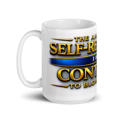 Close up of humorous self-restraint quote on premium mug