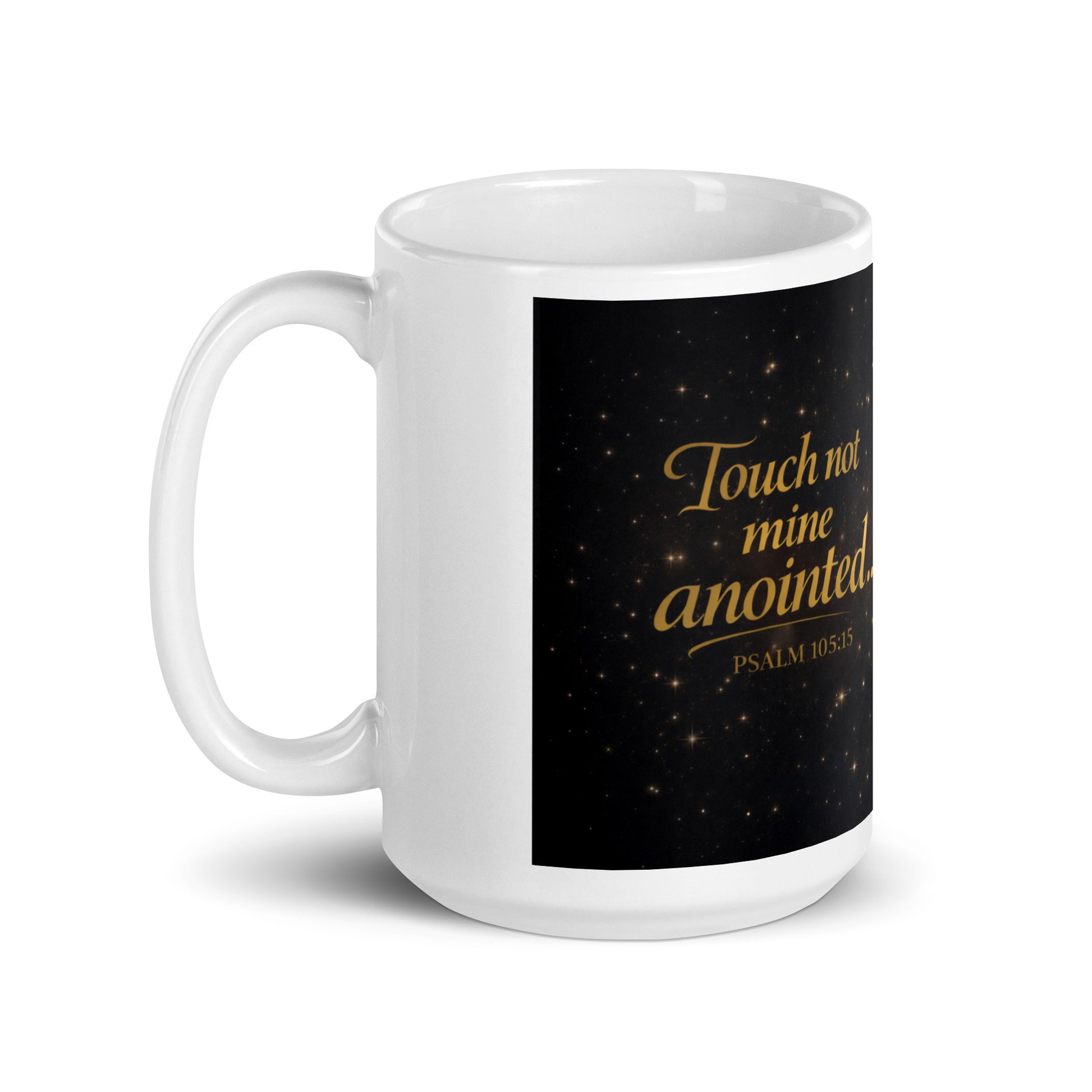 Close up of radiant cross detail on faith based mug