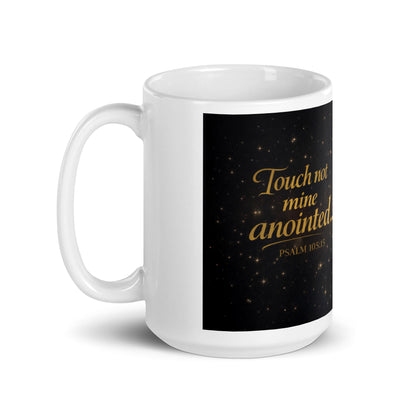 Close up of radiant cross detail on faith based mug