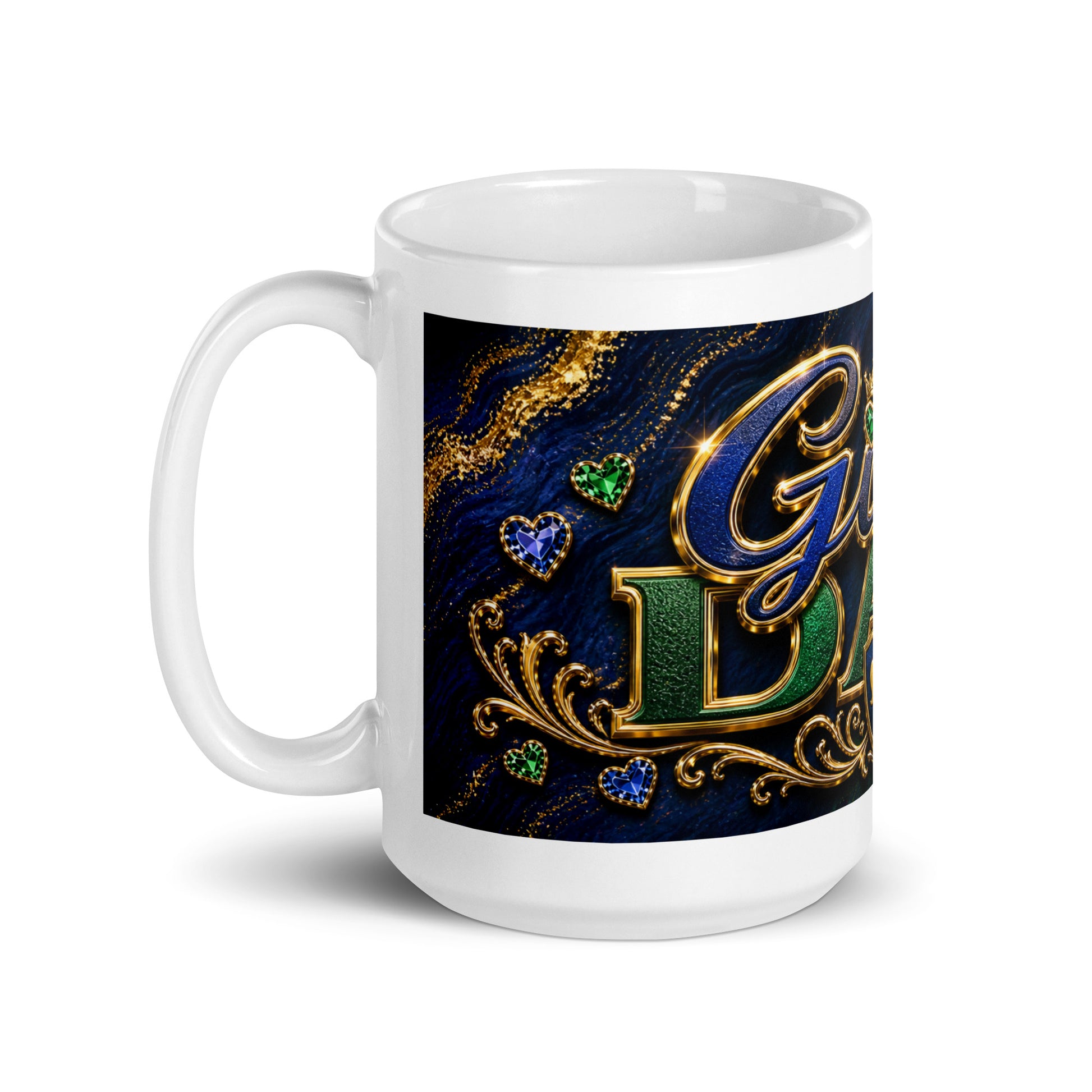 Close up of bold crown graphic on Girl Dad mug